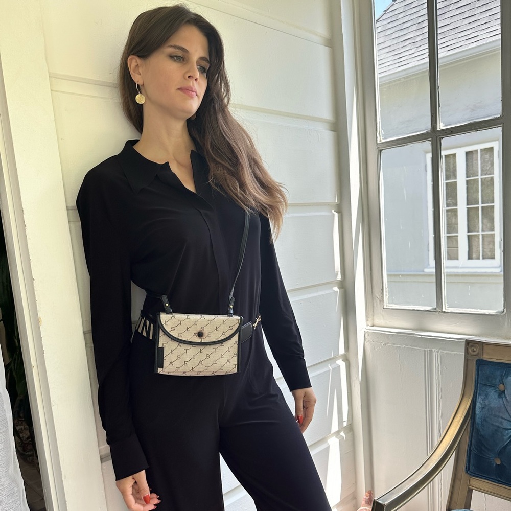 Stella McCartney utility belt bag in logo-print canvas with faux-leather trim.